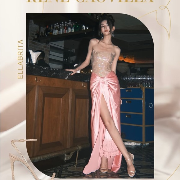 Bronx & Banco Pink Satin Strapless Sequin Tassel High Slit Gina Gown S NWOT - Picture 4 of 14